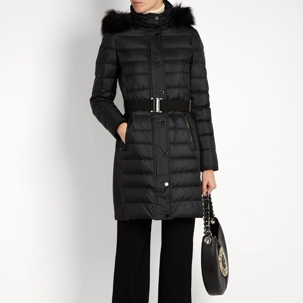 NW Burberry London Abbeydale Fox Fur Trim Belted Puffer Down Coat, Size S US4